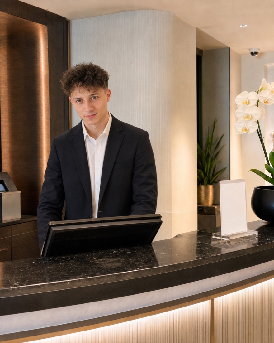 Mario Buric an der Rezeption eines Hotels